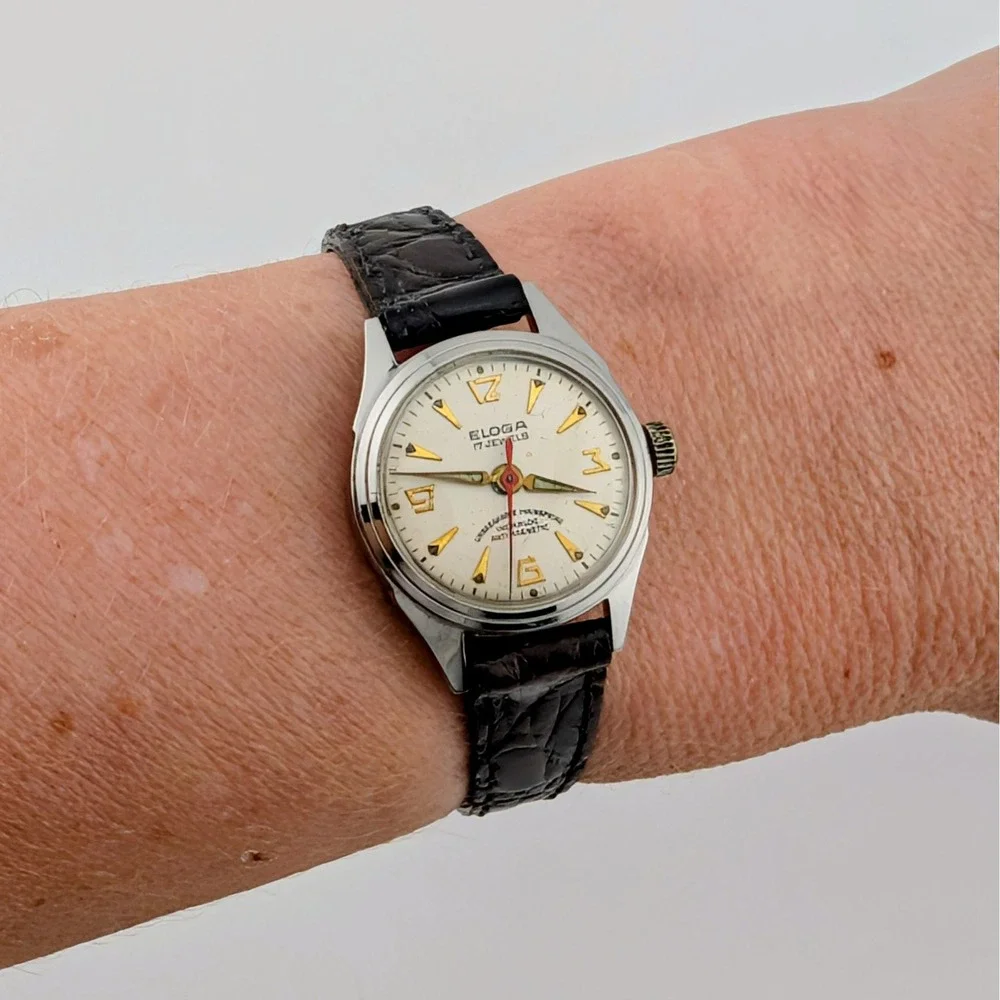 Vintage 1950s Eloga 17 Jewel Swiss Manual Wind Watch Incabloc Antimagnetic Lume